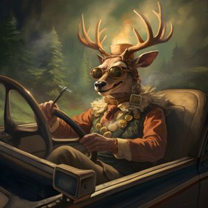 Ein Hirsch mit einer Zigarre im Mund fährt ein Cabriolet