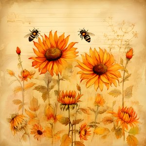 Aquarell Sonnenblumen und Bienen Silhouetten