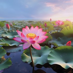Auf der klaren Wasseroberfläche blühen große und schöne Lotusblumen, grüne Lotusblätter und Tau auf den Lotusblumen. Der Sonnenuntergang leuchtet auf der Wasseroberfläche 1