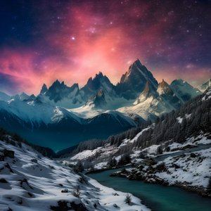 Die schneebedeckten Gipfel der Alpen leuchten wie ein Regenbogen in der Nacht 3