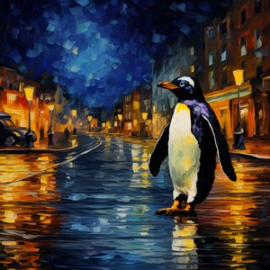 Ein Pinguin im Anzug läuft die Straße entlang