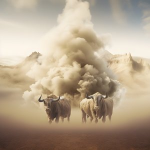 Fraktales abstraktes Leinwandbild, Beige-Weiß-Rauch-Textur. 3 schwarze Stiere, die aus dem Rauch auftauchen, mit dem Berg Ararat am Horizont. Posen erinnern an Stiere auf der Wall Street in New York.