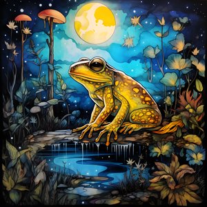 Gelber Frosch im Wald, Mond, Fluss