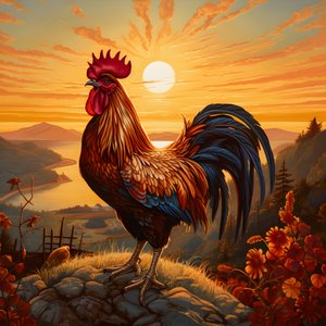 Ein krähender Hahn bei Sonnenaufgang