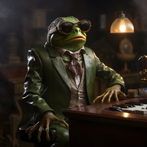 Elton John als Frosch mit Sonnenbrille und Klavier