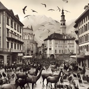 Innsbruck in einer alten Fotografie mit eleganten Zebras, Möwen, Affen und Tonfiguren. 4