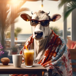Kuh mit Sonnenbrille und Blick auf kalten Kaffee