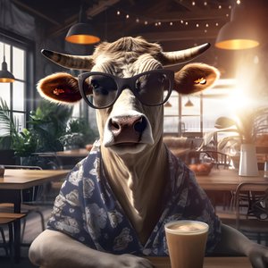 Kuh mit Sonnenbrille und Blick auf kalten Kaffee