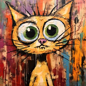 Neoexpressionismus einer Cartoon-Katze, die neugierig nach oben schaut