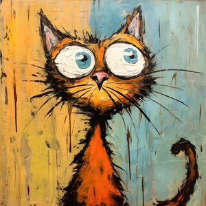Neoexpressionismus einer Cartoon-Katze, die neugierig nach oben schaut