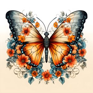 Schmetterling in der Mitte, symmetrisch, mit Blumen im Hintergrund 3