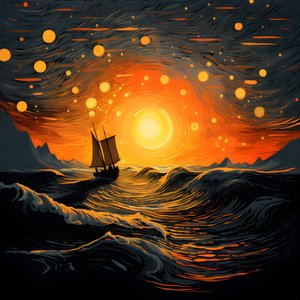 Sonnenuntergang, orange-gelbe Sonne, Wolken, fünf rotierende Kreise von Wolken in einem großen Himmel, punktförmige Wellen und orange-gelbe Sonnenuntergangswolken, die sich auf den Wellen spiegeln, ein Boot fährt aufs Meer hinaus 1