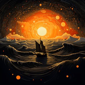 Sonnenuntergang, orange-gelbe Sonne, Wolken, fünf rotierende Kreise von Wolken in einem großen Himmel, punktförmige Wellen und orange-gelbe Sonnenuntergangswolken, die sich auf den Wellen spiegeln, ein Boot fährt aufs Meer hinaus 3