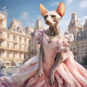 Sphynx-Katze im Ballkleid vor dem Hintergrund eines prächtigen Palastes im mittelalterlichen Stil