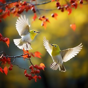 Zwei super süße grüne Weißaugenvögel spreizen ihre Flügel und fliegen in den herbstlichen Ahornblättern