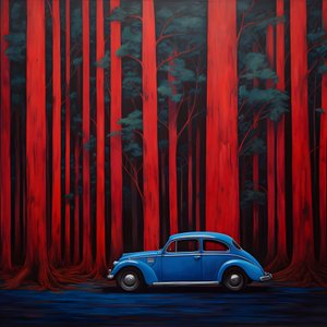Blaues Auto in einem roten Wald