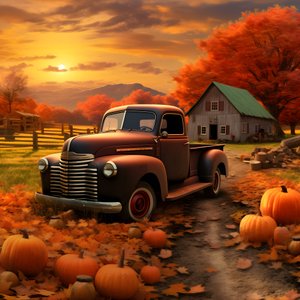 Ein alter Pickup an einem herbstlichen Abend bei Sonnenuntergang