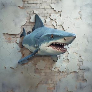 Ein blauer Haifisch mit gemaltem Gesicht auf einer alten Mauer