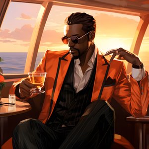 Ein reicher Mann, gut gekleidet, sitzt auf einem privaten Kreuzfahrtschiff und trinkt einen Cocktail 2