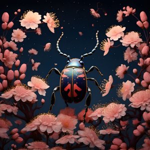 Illustration eines Käfers mit Pilzen im Hintergrund