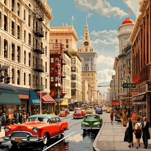 Eine Stadt in den 50er Jahren mit roten Autos