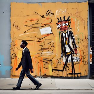 Eine gemalte Figur wird lebendig, als sie eine Straße in New York entlangläuft, surreales Foto