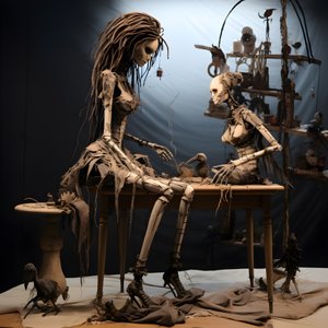 Eine große Puppe auf einem Tisch mit einem Skelett darauf