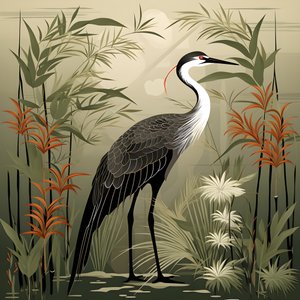 Eine schöne japanische Illustration eines Kranichs und Bambus 3