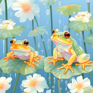 nahtloses Muster eines Gemäldes von hübschen orange und gelb Cartoon Fröschen sitzen auf den Lilien Laub auf dem Wasser regen aus Aquarell
