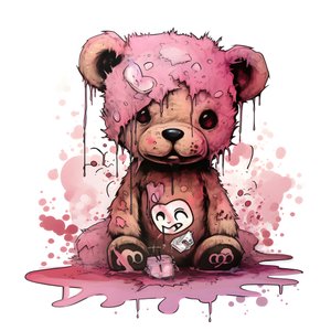 Rosafarbener Unisex-Teddy mit einem braunen Tattoo auf der Stirn 1