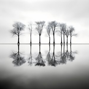 Schwarz-weiß Fotos von Bäumen auf dem Wasser