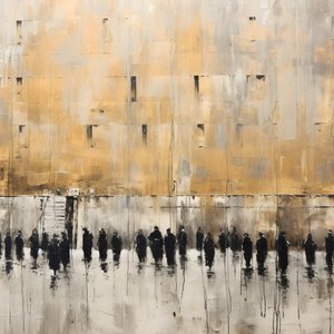schwarz-weiß gekleidete Menschen, die mit dem Gesicht zur Wand beten
