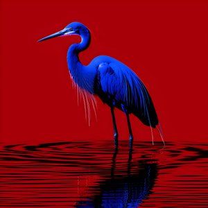 Synthwave digitale Kunst eines exotischen kobaltblauen Reihers auf rotem Papier von Kurt Heppke