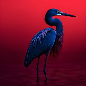 Synthwave digitale Kunst eines exotischen kobaltblauen Reihers auf rotem Papier