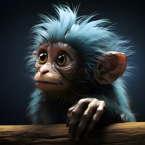 Zeichnung eines Joey-Affen mit einem Auge im Stil von emotionalen surrealen Charakterstudien, koloriert, nachdenkliche Posen, Topcor 58mm f/1.4, karikaturartige Illustrationen