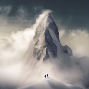 zwei Menschen beim Skifahren über einem wolkenverhangenen Berg