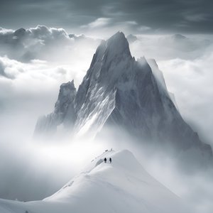 Zwei Menschen beim Skifahren über einem wolkenverhangenen Berg