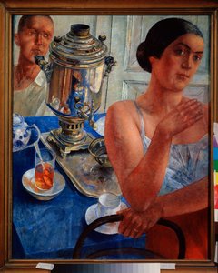 Rund um den Samowar. (Szene aus dem Alltag, ein Paar trinkt Tee). Gemälde von Kusma Sergejewitsch Petrow-Wodkin (Petrow-Wodkin) (1878-1939), Öl auf Leinwand von Kuzma Sergeevich Petrov Vodkin