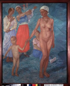 Morgen. Badende (Frauen ziehen sich hinter einer Mutter und ihrem nackten Kind an)