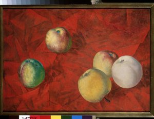 Äpfel auf rotem Hintergrund von Kuzma Sergeevich Petrov Vodkin