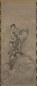 Hotei mit daoistischen Unsterblichen: Unsterblicher auf Karpfen reitend von Kyūseki Tomonobu