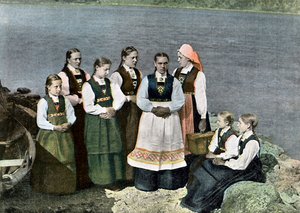 Frauen und Kinder in Nationaltracht, Sognafjorden, Norwegen, ca. 1890 von L Boulanger