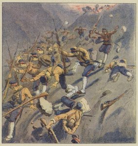 Die Russen schlagen die Japaner im Miaoline-Pass zurück von L. Malespine
