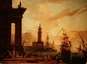 Capriccio eines Mittelmeerhafens mit einem niederländischen Fregatte und anderen Schiffen