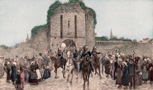 Kavallerie verlässt eine bretonische Stadt (farbige Photogravur)