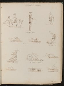 Studien von Kindern, ein Matrose beschriftet "Eine Küstenwache", sechs Studien von Booten beschriftet "Kutter", ein Shrimper, eine Frau mit einem Sonnenschirm, datiert "27. Mai 1861" von Lady Butler