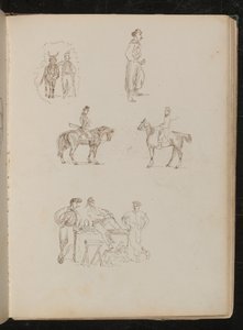 Studien von männlichen Figuren mit Pferden, Studie eines rauchenden Soldaten mit Schwert, Studie von drei Obstverkäufern mit Stand von Lady Butler