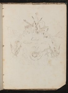 Studie von Künstlerutensilien, Schmetterling, Blumen, Flaggen, Klippe und Girlande in Wappenform um die Inschrift "Beendet am 12. August 1861"
