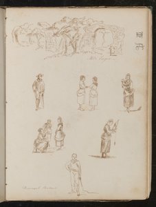 Studie einer Landschaft mit Bäumen und Ruinenbögen beschriftet "In der Nähe von Frejus", sechs Studien von Figuren beschriftet "Provenzalische Bauern" von Lady Butler