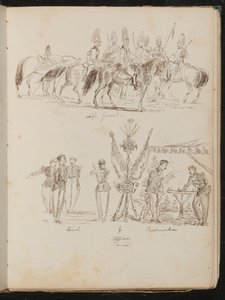 Studie von Soldaten auf Pferden mit der Inschrift "Life Guards", Studie von Soldatengruppen mit Fahnen, rauchend und trinkend von Lady Butler